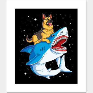 German Shepherd Riding Shark Space Galaxy Posters and Art